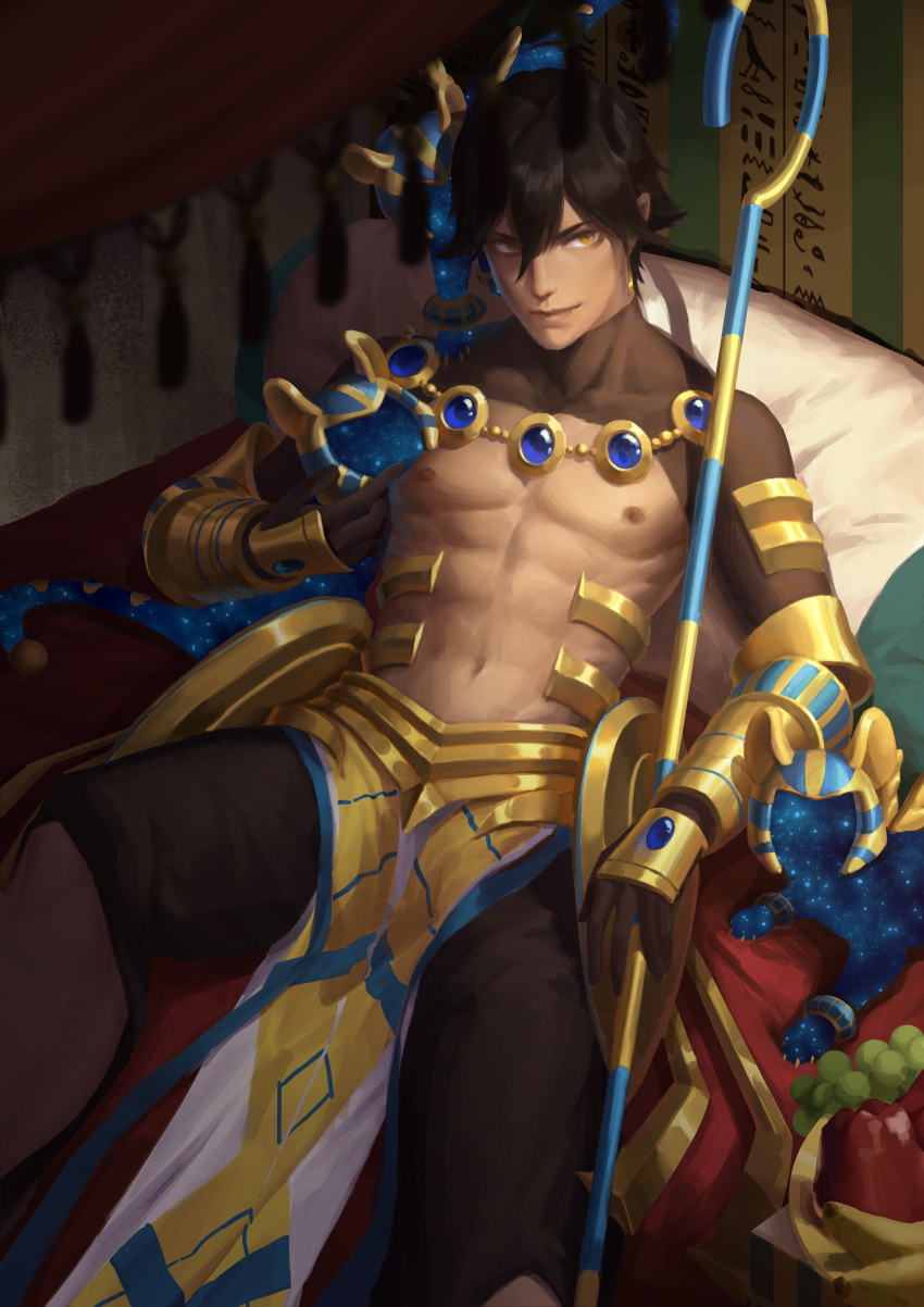 1boy abs absurdres ahoge animal animal_ears bed black_gloves brown_hair cat cat_ears cat_tail dark_skin dark_skinned_male egyptian egyptian_clothes fate/grand_order fate/prototype fate/prototype:_fragments_of_blue_and_silver fate_(series) food fruit gauntlets gloves hair_between_eyes highres holding holding_staff jewelry lying male_focus muscle necklace on_back ozymandias_(fate) pillow shirtless shrug_(clothing) sitting solo staff tail wumang_xing yellow_eyes