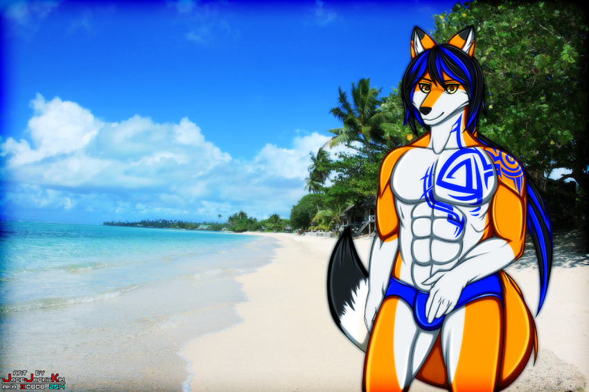 alty anthro black_hair blue_hair canid canine clothed clothing detailed_background fluffy fluffy_tail fox fur hair male mammal multicolored_body multicolored_fur multicolored_hair muscular muscular_anthro muscular_male orange_body orange_fur partially_clothed smile solo tattoo two_tone_body two_tone_fur two_tone_hair underwear white_body white_fur yellow_eyes zi0808