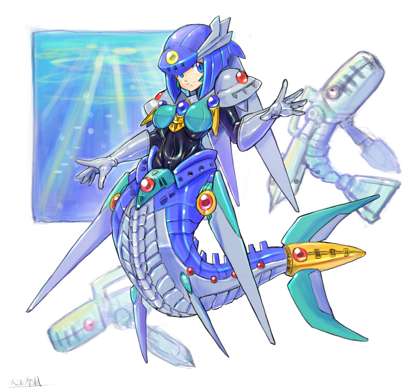 1girl android blue_eyes bodysuit covered_navel gloves highres looking_at_viewer mermaid monster_girl oomasa_teikoku robot rockman rockman_dash shark skin_tight solo splash_woman