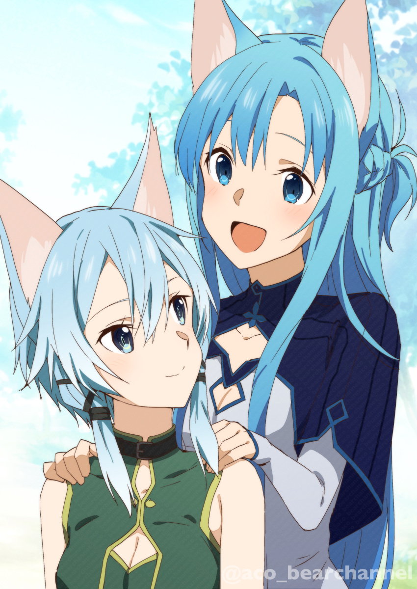 2girls absurdres ako_(antoraacoyu0214) animal_ears artist_name asuna_(sao-alo) bangs black_ribbon blue_capelet blue_eyes blue_hair braid breasts capelet cat_ears cleavage cleavage_cutout closed_mouth collar collarbone eye_contact french_braid hair_between_eyes hair_ribbon hands_on_another's_shoulders highres kemonomimi_mode long_hair long_sleeves looking_at_another looking_up medium_breasts multiple_girls ribbon shiny shiny_hair shirt short_hair_with_long_locks sidelocks sinon_(sao-alo) sleeveless smile sword_art_online upper_body white_shirt