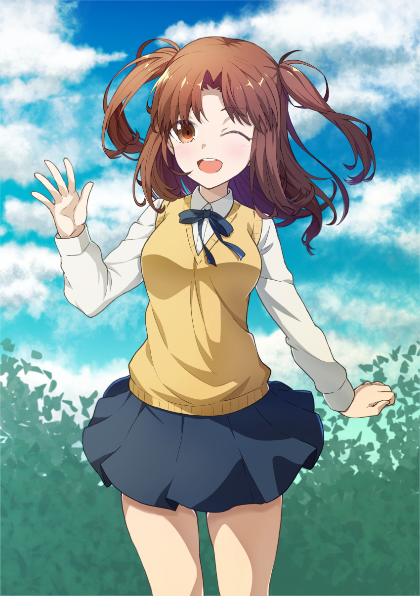 1girl ;d absurdres azami_masurao blue_ribbon blue_skirt breasts brown_eyes brown_hair bush cloud commentary_request cowboy_shot day eyebrows_visible_through_hair highres leaf long_hair long_sleeves looking_at_viewer medium_breasts miniskirt neck_ribbon one_eye_closed open_mouth outdoors pleated_skirt ribbon school_uniform shirt short_twintails skirt sky smile solo tsukihime twintails vest waving white_shirt yellow_vest yumizuka_satsuki