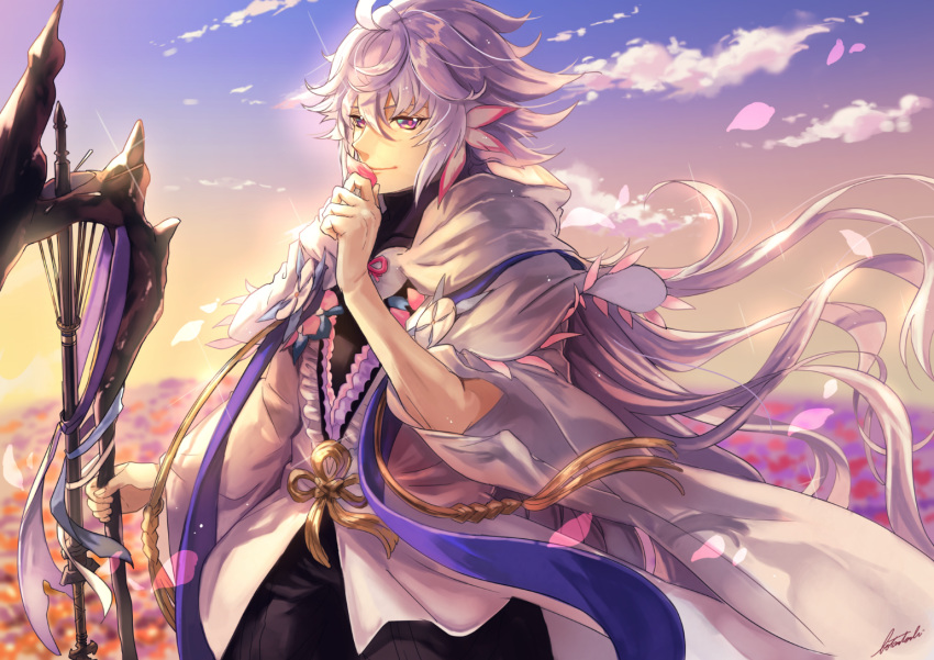 1boy ahoge bangs bishounen black_pants botantouki center_frills cloud fate/grand_order fate_(series) field flower flower_field flower_knot hair_between_eyes hair_ornament holding holding_staff holding_weapon hood hood_down hooded_robe long_hair long_sleeves looking_at_viewer male_focus merlin_(fate) multicolored_hair pants petals pink_ribbon purple_eyes ribbon robe shiny shiny_clothes shiny_hair shiny_skin signature sky smile solo staff tassel turtleneck two-tone_hair very_long_hair weapon white_hair white_robe wide_sleeves