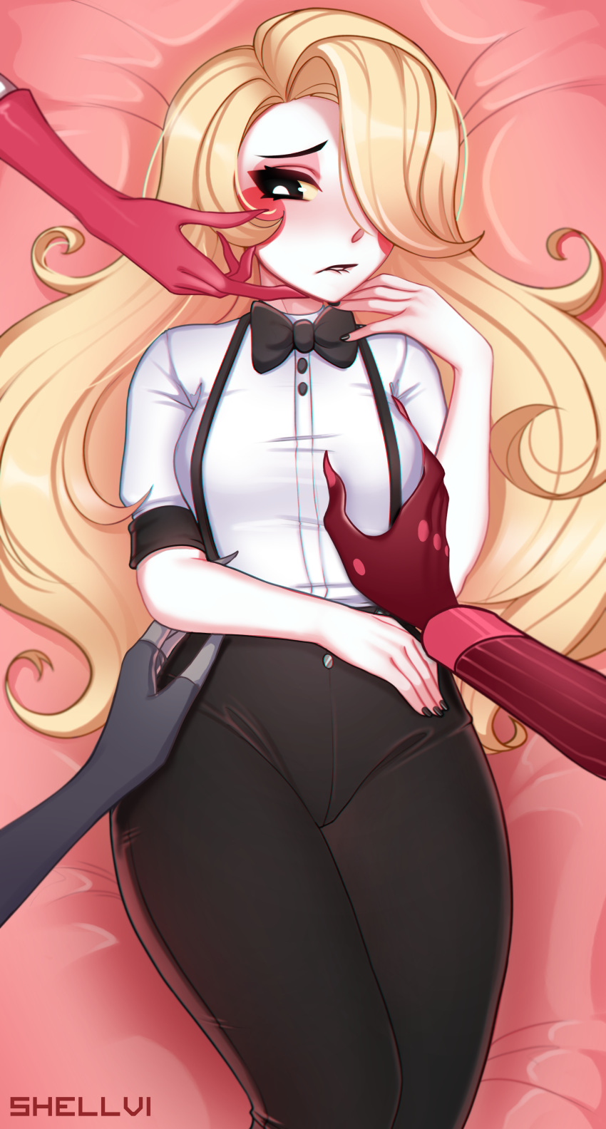 1girl absurdres alastor_(hazbin_hotel) angel_dust artist_name biting black_bow black_nails black_neckwear black_pants blonde_hair blush_stickers bow bowtie breast_grab breasts brown_eyes charlie_magne commentary finger_to_chin grabbing groping hair_over_one_eye hand_on_another's_chin hand_on_another's_hip hand_on_another's_stomach hand_on_hip hand_up hazbin_hotel highres lip_biting long_hair looking_at_viewer lying medium_breasts multiple_others on_back pale_skin pants shellvi shirt short_sleeves solo_focus thigh_gap vaggie very_long_hair white_shirt