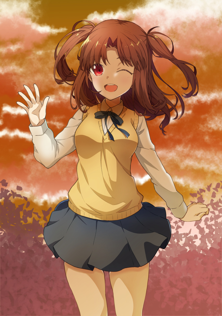 1girl ;d absurdres azami_masurao blue_ribbon blue_skirt breasts brown_hair bush cloud commentary_request cowboy_shot dusk evening eyebrows_visible_through_hair highres leaf long_hair long_sleeves looking_at_viewer medium_breasts miniskirt neck_ribbon one_eye_closed open_mouth outdoors pleated_skirt red_eyes ribbon school_uniform shirt short_twintails skirt sky smile solo tsukihime twintails vest waving white_shirt yellow_vest yumizuka_satsuki
