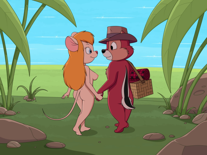 4:3 anthro beach breasts butt chip_'n_dale_rescue_rangers chip_(disney) chipmunk clothing disney duo fedora female gadget_hackwrench ground_squirrel hand_holding hat headgear headwear male male/female mammal mouse murid murine nipples nude outside rodent romantic sciurid seaside sfan walking