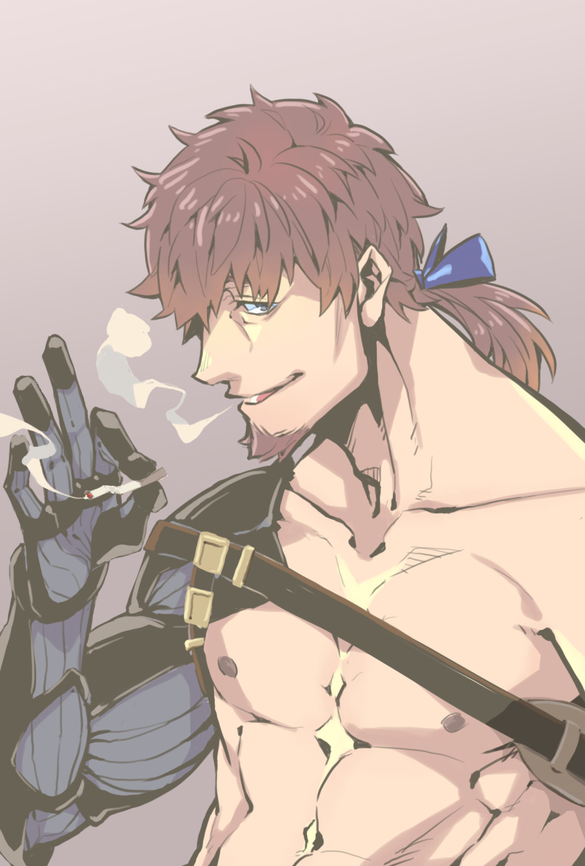 1boy abs bangs brown_hair chest cigarette facial_hair fate/grand_order fate_(series) goatee hector_(fate/grand_order) highres koryuu_(gackter10) looking_at_viewer male_focus medium_hair muscle nipples pectorals ponytail shirtless smile solo