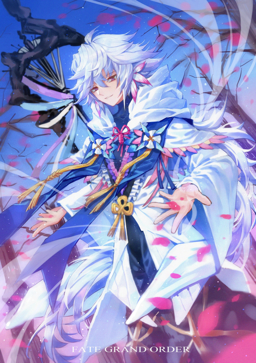 1boy absurdres ahoge bangs bishounen black_pants center_frills copyright_name emmy_(nwsk5828) fate/grand_order fate_(series) flower flower_knot full_body hair_between_eyes hair_ornament highres hood hood_down hooded_robe light_smile long_hair long_sleeves looking_at_viewer male_focus merlin_(fate) multicolored_hair pants parted_lips petals pink_ribbon purple_eyes ribbon robe sky smile solo staff tassel tree turtleneck two-tone_hair very_long_hair weapon white_hair white_robe wide_sleeves