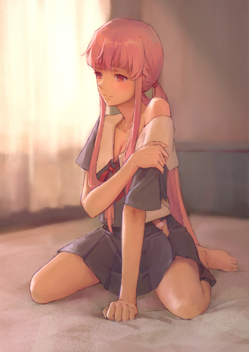 1girl bangs barefoot blue_shirt blue_skirt blurry blurry_background blush breasts cleavage closed_mouth collarbone eyebrows_visible_through_hair full_body gasai_yuno hair_ornament highres indoors long_hair miniskirt mirai_nikki neck_ribbon off_shoulder open_clothes open_skirt panties panty_peek pink_hair pleated_skirt red_eyes red_ribbon ribbon school_uniform shiny shiny_hair shirt short_sleeves sitting skirt small_breasts smile solo twintails underwear very_long_hair viscum wariza