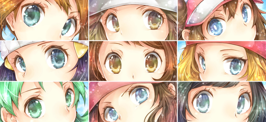 6+girls absurdres bangs beanie black_hair blonde_hair blue_(pokemon) blue_eyes brown_eyes brown_hair close-up commentary_request crystal_(pokemon) eyelashes eyes green_eyes green_hair hair_ornament haruka_(pokemon) hat highres hikari_(pokemon) looking_at_viewer mei_(pokemon) mizuki_(pokemon) multiple_girls pokemon pokemon_(game) pokemon_bw pokemon_bw2 pokemon_dppt pokemon_frlg pokemon_gsc pokemon_rse pokemon_sm pokemon_swsh pokemon_xy serena_(pokemon) touko_(pokemon) visor_cap white_headwear yomogi_(black-elf) yuuri_(pokemon)