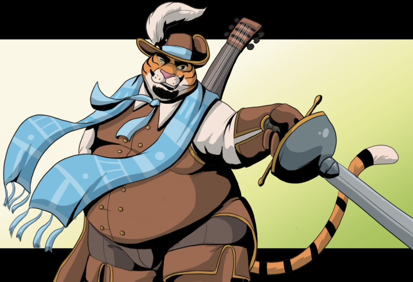 anthro belly captainjusticevirtsuoso clothed clothing dungeons_and_dragons felid fur gloves handwear hasbro hat headgear headwear holding_object holding_weapon justicecaptainv lute male mammal melee_weapon moobs musical_instrument orange_body orange_fur overweight overweight_anthro overweight_male pantherine plucked_string_instrument rapier scarf smile smirk solo standing string_instrument striped_body striped_fur stripes sword tabaxi tiger weapon wizards_of_the_coast