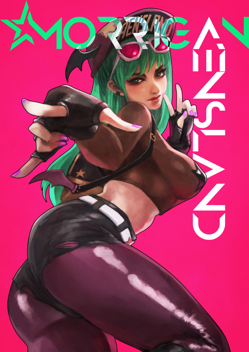 1girl \m/ absurdres alternate_costume ass backpack bag baseball_cap black_footwear black_gloves black_shorts boots breasts character_name commentary covered_nipples crop_top demon_girl ear_clip english_commentary eyewear_on_head fingerless_gloves gloves green_eyes green_hair hat head_wings highres knee_boots lips lipstick long_hair looking_at_viewer makeup mascara medium_breasts midriff mini_wings monori_rogue morrigan_aensland nail_polish no_bra nose pantyhose pasties pink-tinted_eyewear pink_background pink_nails pointing pointing_at_viewer purple_legwear raver sheer_clothes short_shorts shorts solo star_pasties succubus sunglasses thick_thighs thighs v vampire_(game)