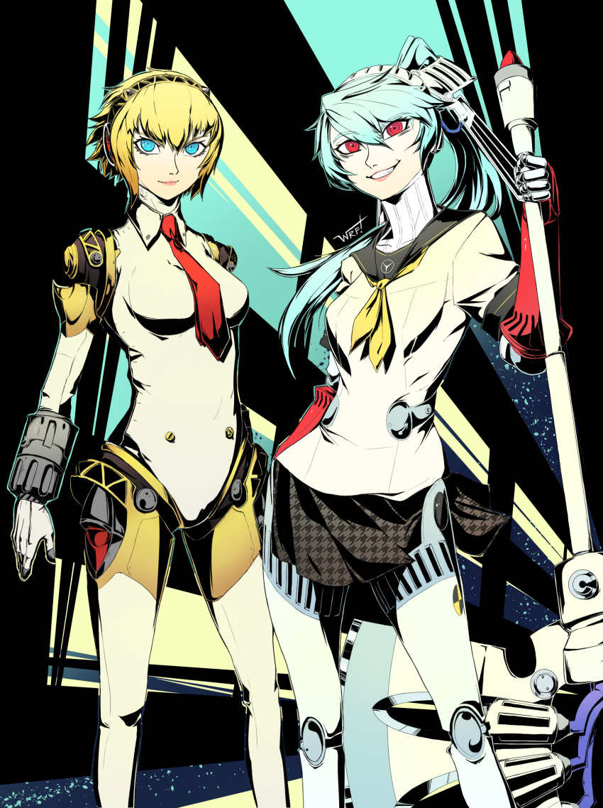 2girls aegis_(persona) android aqua_hair blonde_hair blue_eyes highres joints labrys long_hair looking_at_viewer multiple_girls necktie persona persona_3 persona_4:_the_ultimate_in_mayonaka_arena red_eyes red_neckwear robot_joints short_hair warfakaid