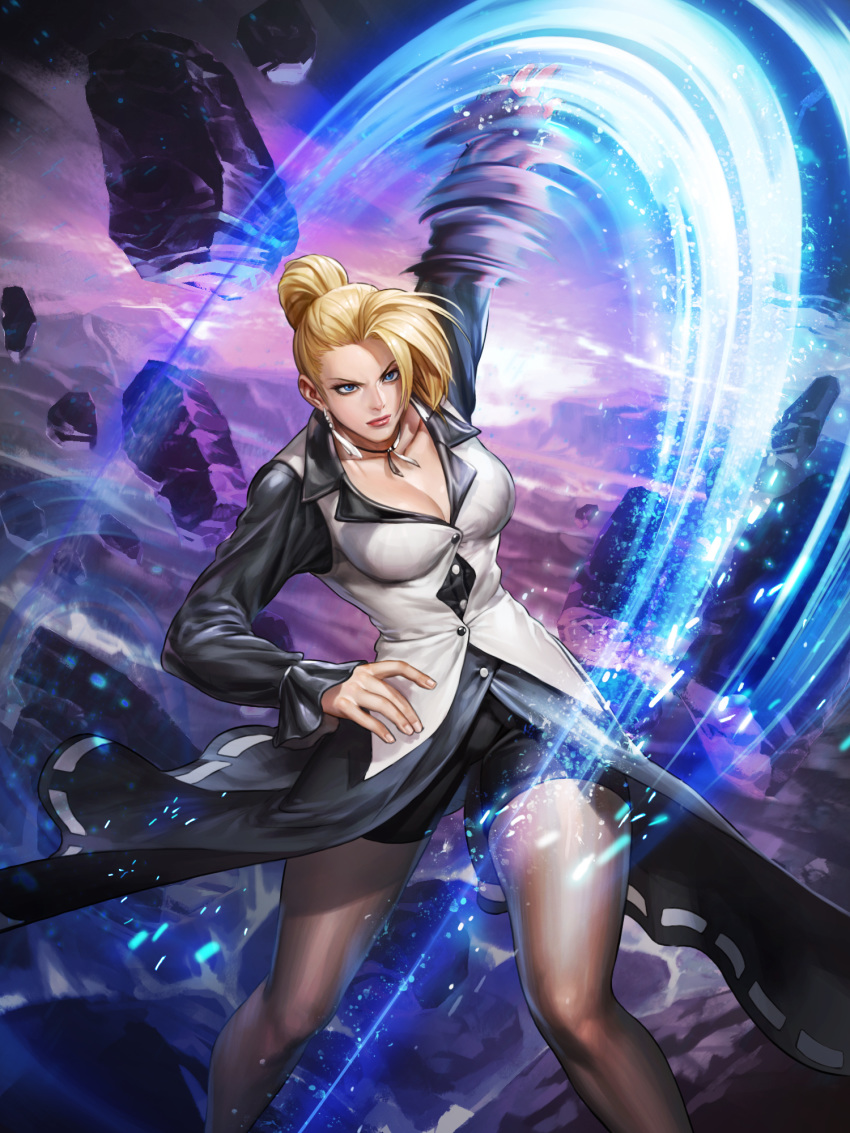 1girl artist_request bangs black_shorts blonde_hair blue_eyes breasts buttons cleavage closed_mouth collarbone commentary dress earrings fingernails hair_bun highres jewelry lips long_hair long_sleeves makeup mature_(kof) medium_breasts official_art pantyhose parted_bangs red_lips shiny shiny_clothes shorts slashing solo the_king_of_fighters the_king_of_fighters_'96 the_king_of_fighters_all-stars tied_hair