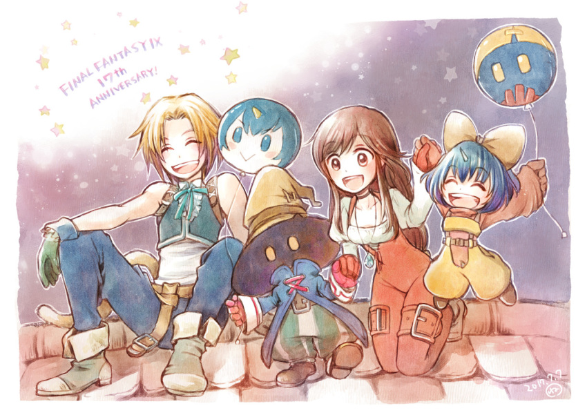 2boys 2girls balloon eiko_carol final_fantasy final_fantasy_ix garnet_til_alexandros_xvii hat hira_(otemoto84) jewelry multiple_boys multiple_girls pendant sleeveless smile tail vivi_ornitier zidane_tribal