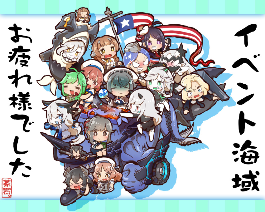 6+girls absurdres abyssal_chishima_hime ariake_(kantai_collection) chaki_(teasets) destroyer_forest_hime eyebrows_visible_through_hair fairy_(kantai_collection) goto_islands_seafloor_hime hair_between_eyes helena_(kantai_collection) highres hornet_(kantai_collection) i-47_(kantai_collection) jingei_(kantai_collection) kaiboukan_no._4_(kantai_collection) kantai_collection long_hair matsu_(kantai_collection) multiple_girls shinkaisei-kan short_hair south_dakota_(kantai_collection) south_pacific_aircraft_carrier_hime southern_battleship_new_hime usugumo_(kantai_collection) yashiro_(kantai_collection)