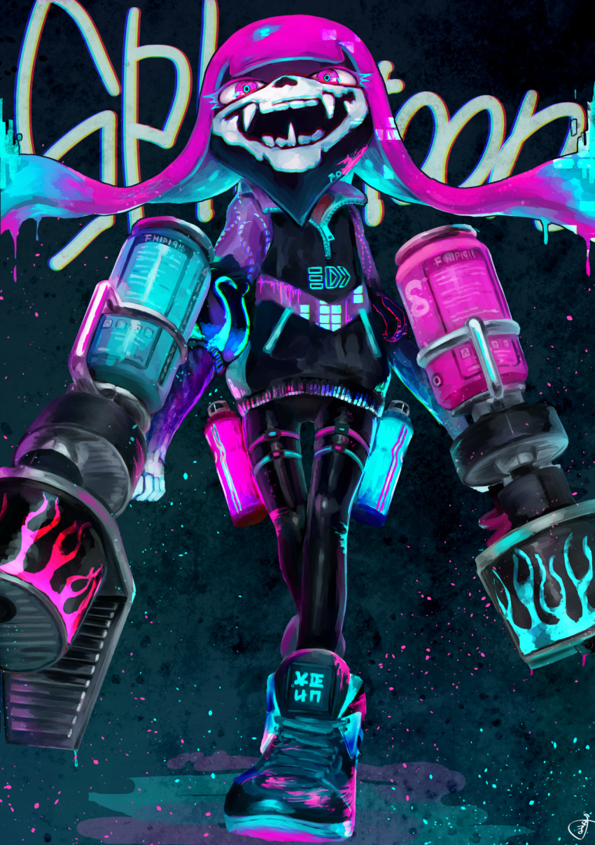 1girl black_pants cosplay fangs highres inkling jacket k/da_(league_of_legends) k/da_akali k/da_akali_(cosplay) leg_strap long_sleeves mask multicolored multicolored_eyes multicolored_hair pants poyospdn sharp_teeth shoes sneakers solo splatoon_(series) spray_can teeth weapon