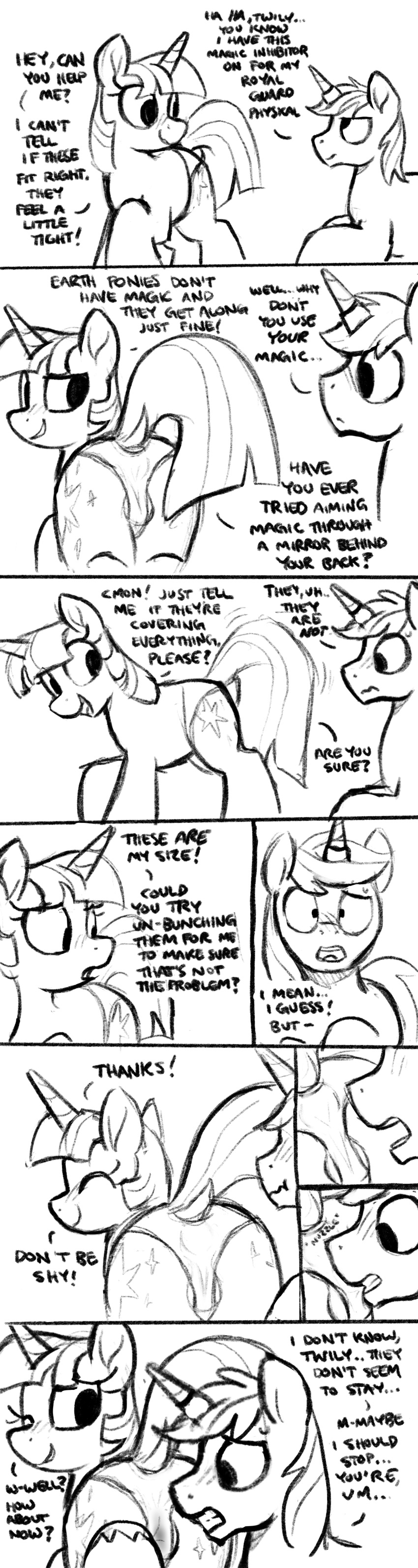 2020 absurd_res anus_outline butt clothing cutie_mark dialogue dock duo english_text equid equine eyelashes eyes_closed female feral friendship_is_magic hasbro hi_res horn looking_back mammal monochrome my_little_pony one_eye_closed panties selenophile shining_armor_(mlp) smile text twilight_sparkle_(mlp) underwear unicorn unicorn_horn wink