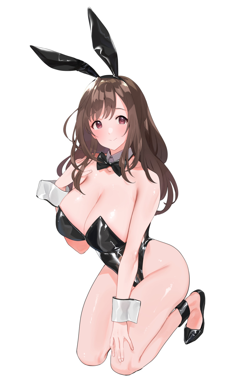 1girl absurdres animal_ears bangs bare_arms bare_shoulders black_footwear black_hairband black_leotard black_neckwear blush bow bowtie breasts brown_eyes brown_hair brown_legwear bunny_girl bunnysuit cleavage closed_mouth detached_collar fake_animal_ears full_body hairband hand_on_own_knee hand_up highres idolmaster idolmaster_shiny_colors kneeling large_breasts leotard long_hair looking_at_viewer o.m shiny shiny_hair shiny_skin shoes simple_background smile solo strapless strapless_leotard sweatdrop transparent_background tsukioka_kogane wrist_cuffs