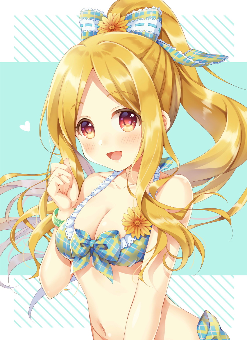 1girl :d absurdres bangs bare_arms bare_shoulders bikini blonde_hair blue_background blue_bikini blush bow bow_bikini breasts cleavage commentary diagonal_stripes eyebrows_visible_through_hair floating_hair flower hair_bow hair_flower hair_ornament hand_up heart hibiki_tooru high_ponytail highres idolmaster idolmaster_cinderella_girls long_hair looking_at_viewer medium_breasts mochizuki_hijiri navel open_mouth parted_bangs plaid plaid_bikini plaid_bow ponytail red_eyes smile solo striped striped_background swimsuit symbol_commentary two-tone_background upper_body very_long_hair white_background yellow_flower