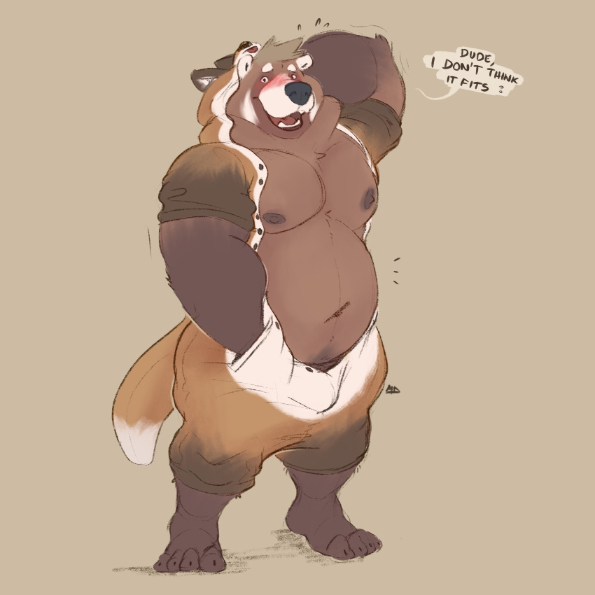 1:1 2020 absurd_res anthro bulge english_text hi_res male mammal minedoo moobs nipples onesie overweight overweight_anthro overweight_male simple_background solo text ursid