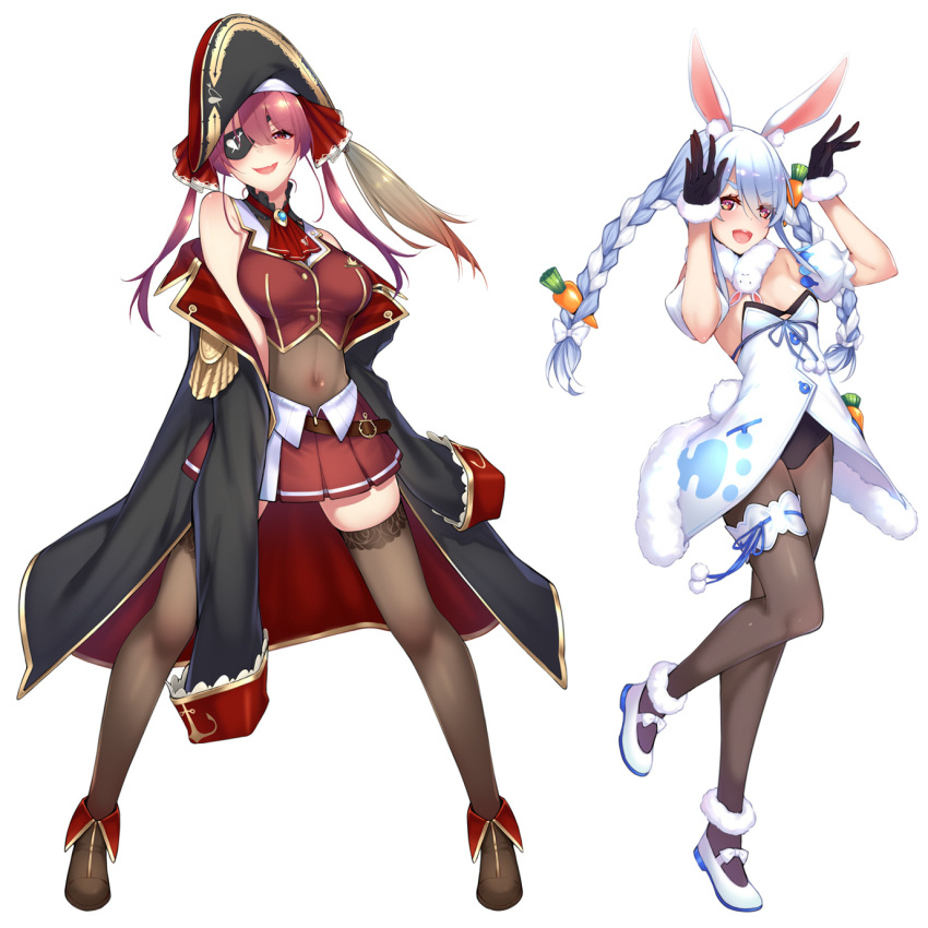 2girls animal_ear_fluff animal_ears arm_cuffs arrow_through_heart ascot bangs bare_shoulders bicorne black_coat black_eyepatch black_gloves black_headwear black_legwear blue_hair blush bodystocking braid breasts brown_legwear bunny-shaped_pupils bunny_ears bunny_girl bunny_tail buttons carrot carrot_hair_ornament coat commentary_request covered_navel crop_top dean epaulettes eyebrows_visible_through_hair eyepatch food_themed_hair_ornament full_body gloves hair_ornament hair_ribbon hat highres hololive houshou_marine lace lace-trimmed_legwear large_breasts leotard long_braid long_hair looking_at_viewer midriff miniskirt multicolored_hair multiple_girls off_shoulder open_mouth red_eyes red_hair red_neckwear red_ribbon red_skirt ribbon scarf simple_background skirt sleeveless small_breasts smile tail thick_eyebrows thighhighs twin_braids twintails two-tone_hair usada_pekora virtual_youtuber white_background white_coat white_hair