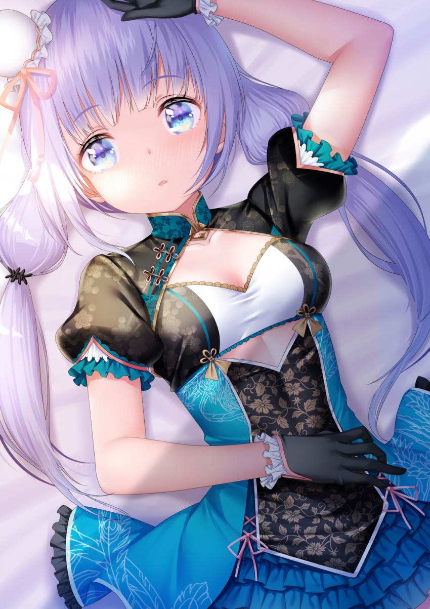 1girl arm_up bangs black_gloves blue_eyes blush breasts bun_cover cleavage_cutout dress dutch_angle eyebrows_visible_through_hair gloves hair_bun highres lying on_back original puffy_short_sleeves puffy_sleeves purple_hair short_sleeves small_breasts solo twintails zizi_(zz22)