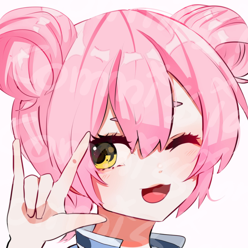 1girl ;d \m/ absurdres bangs brown_eyes commission double_bun eyebrows_behind_hair gomiyama grey_background hair_between_eyes hand_up highres looking_at_viewer one_eye_closed open_mouth original pink_hair portrait simple_background smile solo watermark