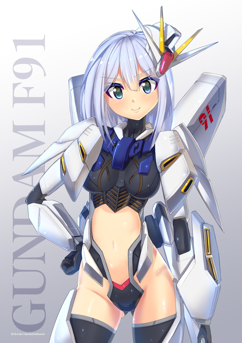 1girl blue_eyes blue_hair breasts character_name eyebrows_visible_through_hair f91_gundam gundam gundam_f91 hand_on_hip highres i.takashi mecha_musume medium_breasts midriff midriff_cutout navel personification solo v-fin v-shaped_eyebrows