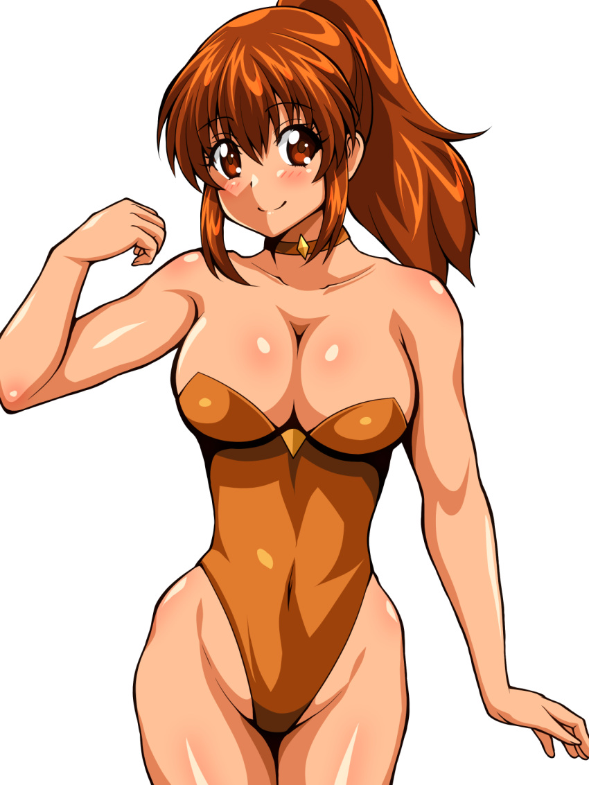 1girl breasts brown_eyes brown_hair choker cleavage closed_mouth collarbone covered_navel cowboy_shot curvy highleg highleg_leotard highres inaba_(tensai21) large_breasts leotard long_hair looking_at_viewer orange_leotard orange_neckwear original ponytail shiny shiny_skin sidelocks simple_background smile solo standing strapless strapless_leotard thighs white_background