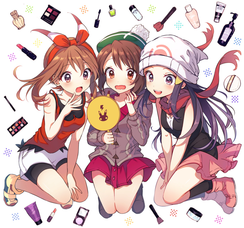 3girls bangs beanie bike_shorts black_hair black_legwear black_shirt blush boots bottle breasts brown_eyes brown_hair cardigan commentary_request dress eyebrows_visible_through_hair eyelashes fanny_pack green_headwear grey_cardigan haruka_(pokemon) hat hikari_(pokemon) holding lipstick_tube long_hair long_sleeves makeup_brush multiple_girls open_mouth pink_dress pink_footwear pokemon pokemon_(game) pokemon_dppt pokemon_oras pokemon_swsh scarf shirt short_hair shorts sleeveless sleeveless_shirt smile socks sweatdrop tam_o'_shanter teeth tobari_(brokenxxx) tongue wavy_mouth yuuri_(pokemon)