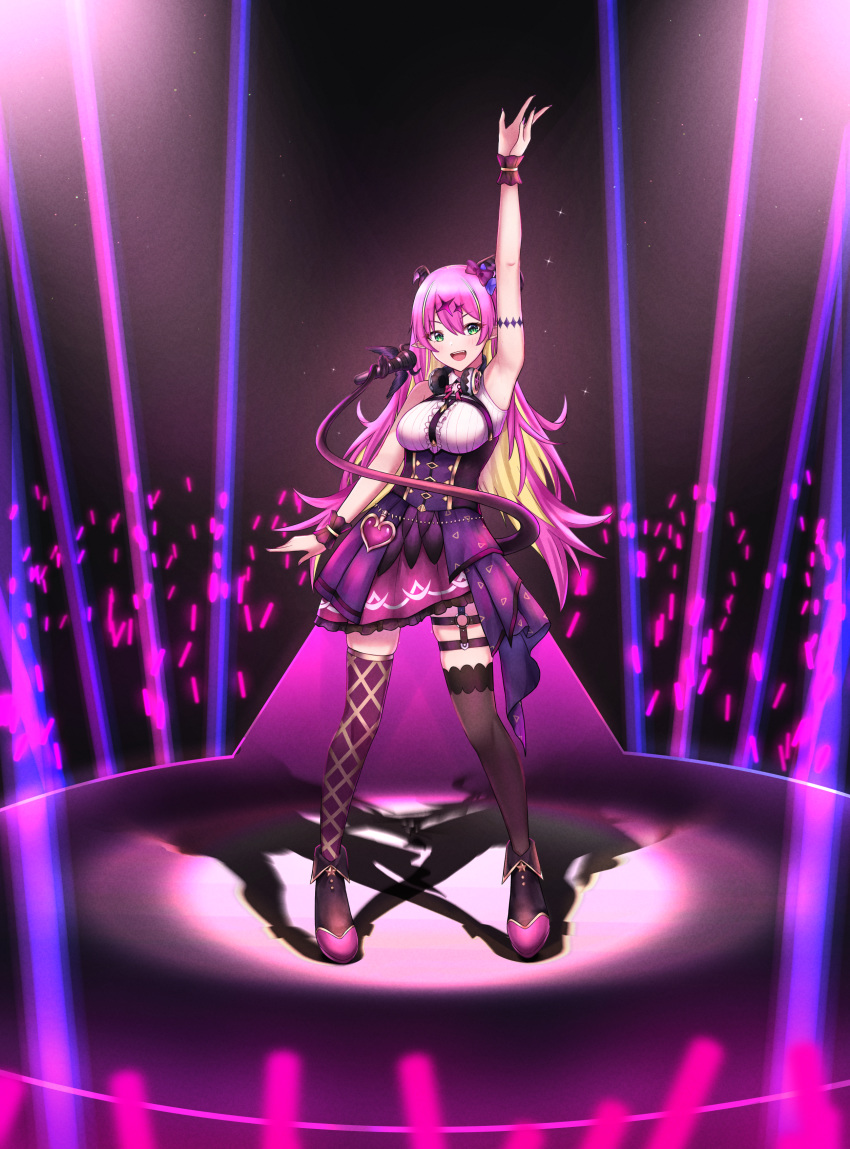 1girl absurdres arm_up armband armpits asymmetrical_horns audience bare_shoulders blonde_hair blush bow breasts colored_inner_hair concert demon_horns frilled_skirt frills glowstick green_eyes hair_between_eyes hair_ornament headphones headphones_around_neck highres hololive horn_bow horns kenken_(keuken) long_hair mano_aloe medium_breasts microphone mismatched_legwear multicolored_hair open_mouth pink_hair pointy_ears print_skirt shirt skindentation skirt sleeveless sleeveless_shirt smile solo stage tail tail_hold thigh_strap thighhighs two-tone_footwear two-tone_hair virtual_youtuber wrist_cuffs