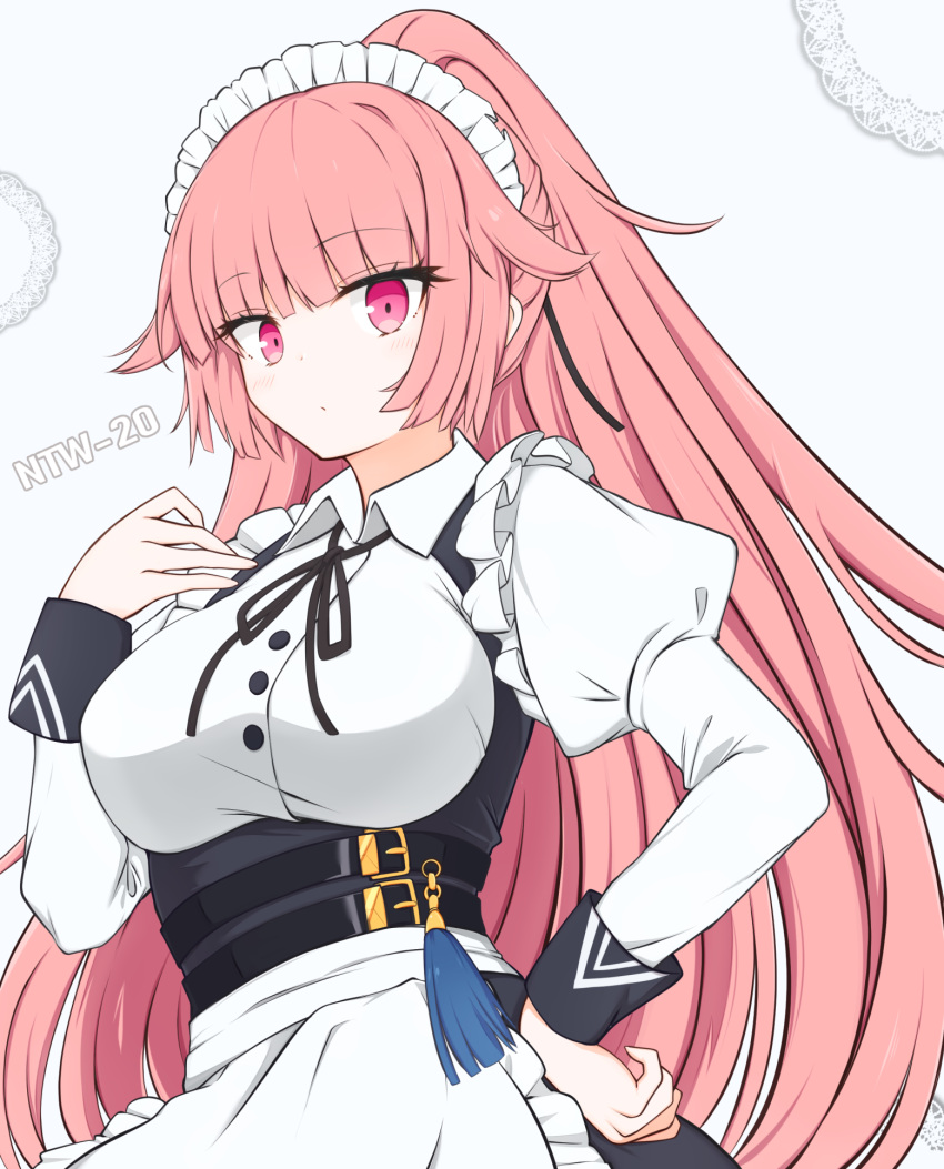 1girl apron black_ribbon breasts character_name dress eyebrows_visible_through_hair girls_frontline hairband hand_on_hip highres long_hair looking_at_viewer maid maid_apron maid_dress maid_headdress medium_breasts neck_ribbon ntw-20_(girls_frontline) pink_hair purple_eyes ribbon risshu solo white_background