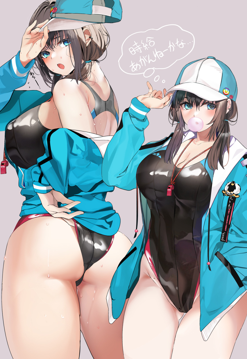 1girl ass back bangs bare_shoulders baseball_cap black_hair black_swimsuit blue_eyes blue_jacket blush breasts bubble_blowing chewing_gum cleavage collarbone covered_navel hat highleg highleg_swimsuit highres jacket large_breasts long_hair long_sleeves looking_at_viewer low_twintails marushin_(denwa0214) multiple_views one-piece_swimsuit open_clothes open_jacket open_mouth original swimsuit thighs thought_bubble translation_request twintails whistle whistle_around_neck
