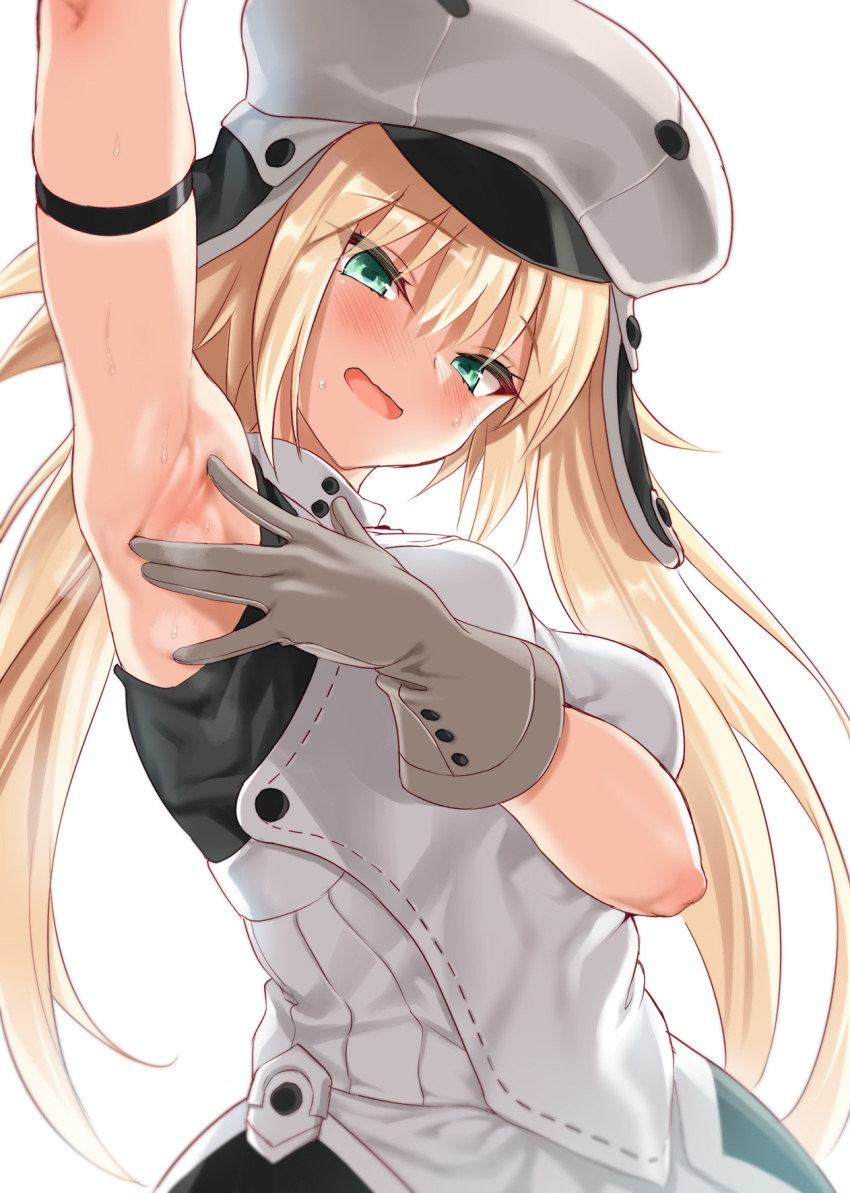 1girl armband armpits artoria_pendragon_(all) artoria_pendragon_(caster) bare_shoulders blonde_hair blush breasts cle_masahiro eyebrows_visible_through_hair eyes_visible_through_hair fate/grand_order fate_(series) gloves green_eyes hair_between_eyes hat highres long_hair looking_at_viewer medium_breasts open_mouth presenting_armpit simple_background sleeveless solo spread_armpit upper_body white_background