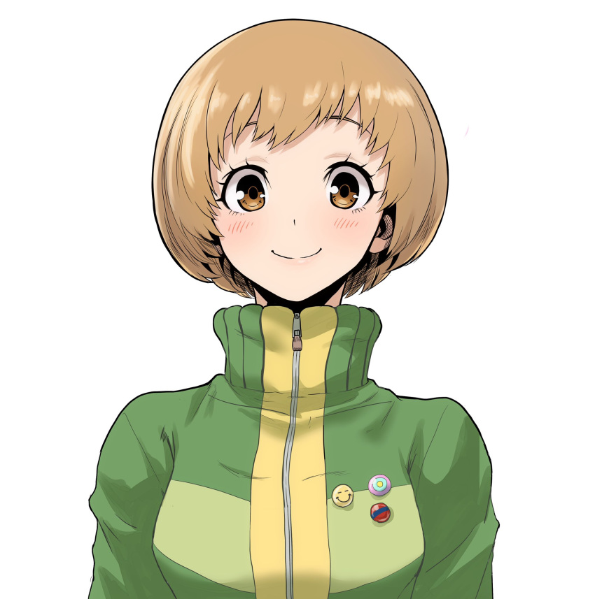 1girl blush brown_eyes brown_hair highres jacket kurosususu looking_at_viewer persona persona_4 satonaka_chie short_hair smile solo tomboy track_jacket