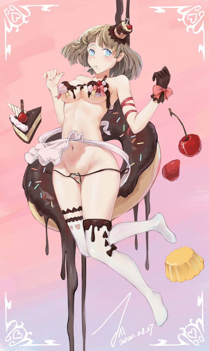 1girl absurdres apron apron_lift bangs bare_shoulders black_bow blue_eyes blush bow breasts brown_gloves brown_hair brown_headwear cake cake_slice candy cherry chocolate chocolate_cake chocolate_doughnut chocolate_on_body chocolate_on_breasts collarbone commentary_request cream dated doughnut food food_on_body food_on_breasts frills fruit gloves groin hat heart heart_cutout heart_print highres janload1ng knees_together_feet_apart large_breasts leg_up lollipop looking_at_viewer medium_breasts micro_panties mini_hat navel no_bra no_shoes open_clothes original panties pink_background pudding short_hair side-tie_panties signature single_glove solo stomach string_panties thighhighs underwear untied untied_panties white_apron white_legwear