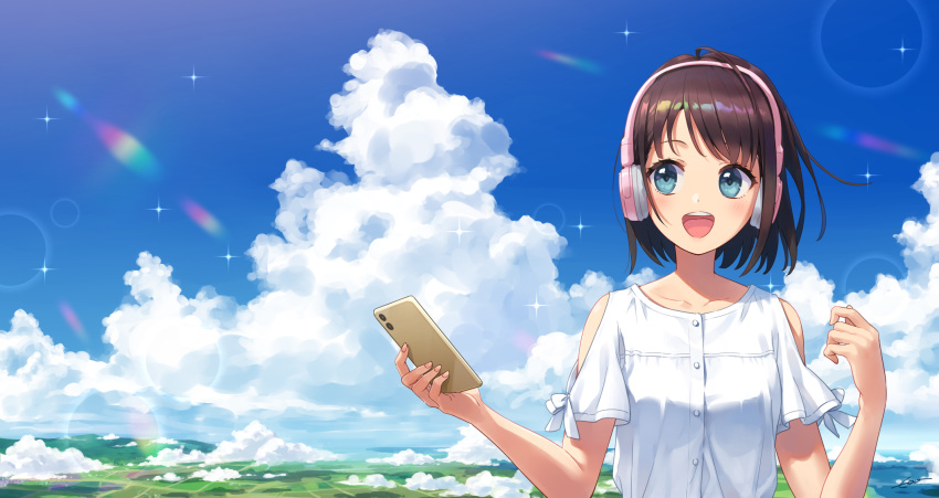 1girl :d bare_shoulders black_hair blue_eyes blue_sky blush cellphone cloud collarbone commentary_request copyright_request cumulonimbus_cloud day fingernails headphones highres holding holding_phone horizon len looking_at_phone looking_away looking_to_the_side open_mouth outdoors phone round_teeth shirt short_hair short_sleeves shoulder_cutout sky smartphone smile solo sparkle teeth upper_body upper_teeth wedo white_shirt