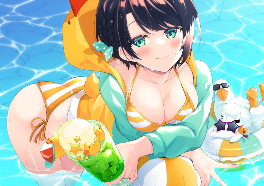 1girl aqua_eyes aqua_nails aqua_ribbon ball bangs beachball bikini bird blush breasts brown_hair cleavage closed_mouth collarbone commentary_request day duck food hair_ribbon highres hololive hood hoodie ice_cream ice_cream_float innertube jacket jacket_over_swimsuit looking_at_viewer medium_breasts nail_polish oozora_subaru outdoors ribbon short_hair side-tie_bikini smile solo striped striped_bikini sunlight swept_bangs swimsuit virtual_youtuber water wet yukino_(yukinosora1126)