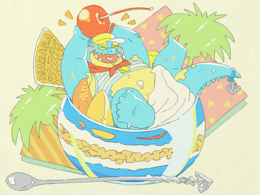 2020 4:3 5_toes anthro biped blue_body blue_scales cherry chubby_male crocodile crocodilian crocodylid cutlery dessert eyes_closed food fruit gamma-g green_eyes hi_res ice_cream kitchen_utensils makara open_mouth plant reptile scales scalie solo spoon toes tokyo_afterschool_summoners tools video_games whistle_(object) yellow_body yellow_scales