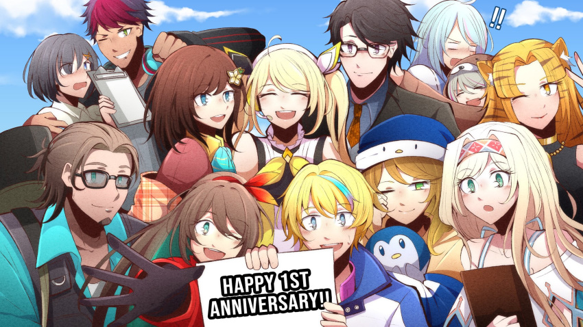 !! 4boys 6+girls amicia_michella animal_ears anniversary azura_cecillia black_hair blonde_hair blue_hair blush bonnivier_pranaja bow brown_hair closed_eyes cloud dreamerrii english_text etna_crimson glasses grey_hair hair_bow hairband hana_macchia hat highres holding holding_sign layla_alstroemeria looking_at_another looking_at_viewer miyu_ottavia multicolored_hair multiple_boys multiple_girls nara_haramaung nijisanji nijisanji_id one_eye_closed outstretched_arm penguin_hat rai_galilei riksa_dhirendra sign siska_leontyne sky smile stuffed_animal stuffed_penguin stuffed_toy surprised taka_radjiman tiger_ears tiger_stripes virtual_youtuber zea_cornelia