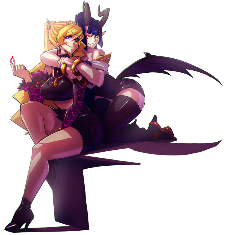 absurdres ahri blonde_hair blue_hair breasts cosmikaizer cosplay demon_girl demon_horns demon_wings english_commentary evelynn highres horns hug hug_from_behind k/da_(league_of_legends) k/da_ahri k/da_ahri_(cosplay) k/da_evelynn k/da_evelynn_(cosplay) lana_(cosmikaizer) large_breasts looking_to_the_side original purple_eyes thick_thighs thighs twintails uneven_twintails white_background wings yellow_eyes