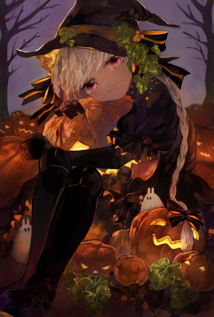 0803mm alternate_costume black_bow black_dress black_footwear black_gloves black_headwear bow braid braided_ponytail dress elbow_gloves fate/grand_order fate_(series) food gloves halloween halloween_costume hat highres looking_at_viewer nursery_rhyme_(fate/extra) puffy_sleeves pumpkin purple_eyes short_sleeves silver_hair sitting smile white_hair witch_costume witch_hat