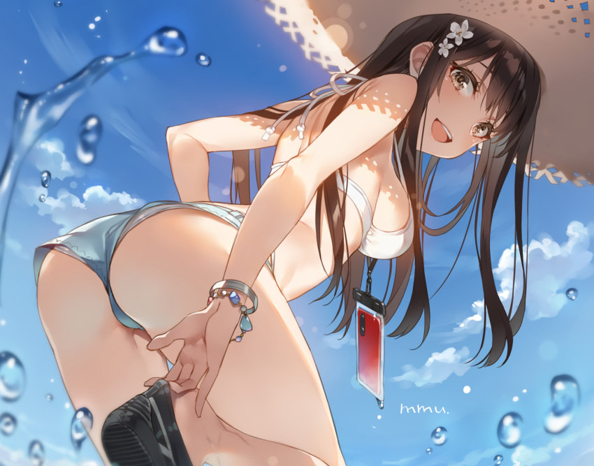 ass bikini_top blush brown_eyes brown_hair clouds cropped hat long_hair mmu original phone shorts signed sky water wristwear