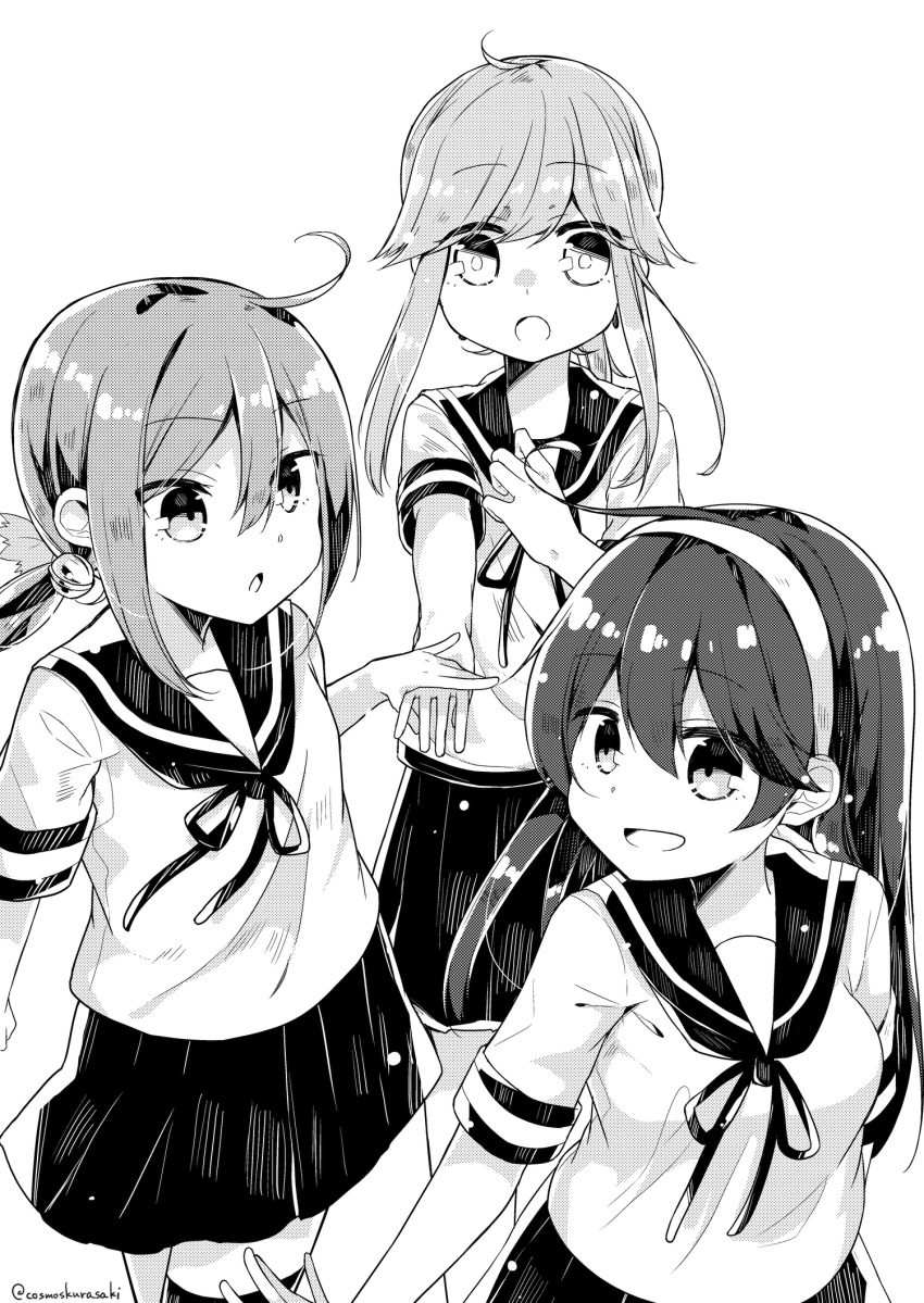 3girls ahoge akebono_(kantai_collection) commentary cowboy_shot dragging flower greyscale hair_flower hair_ornament hairband highres kantai_collection kurasaki_cosmos long_hair monochrome multiple_girls neckerchief pleated_skirt sailor_collar school_uniform serafuku side_ponytail sidelocks simple_background skirt ushio_(kantai_collection) usugumo_(kantai_collection)