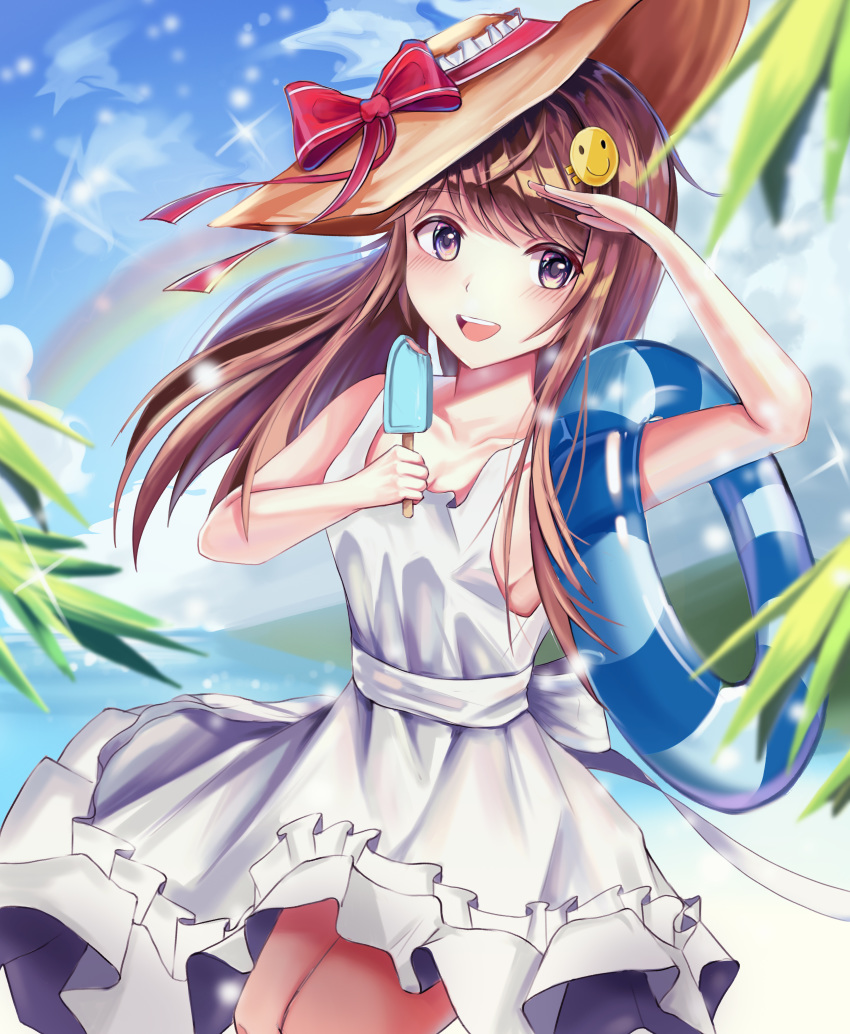 1girl :d absurdres bangs bare_shoulders blurry blurry_background blurry_foreground breasts brown_eyes brown_hair candy cloud cloudy_sky collarbone commentary_request day depth_of_field dress emoji eyebrows_visible_through_hair food frilled_dress frills hair_ornament hairclip hat hat_ribbon highres holding holding_candy holding_food holding_innertube ice_cream innertube long_hair looking_at_viewer ocean open_mouth original outdoors palm_leaf popsicle red_ribbon ribbon sky small_breasts smile solo striped summer sun_hat sundress tobi_(user45255077) white_dress