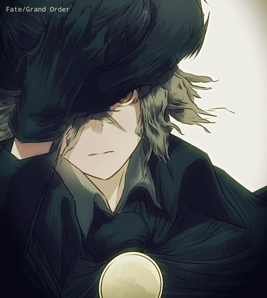 1boy black_gloves collared_shirt daisi_gi edmond_dantes_(fate/grand_order) fate/grand_order fate_(series) formal gloves green_headwear green_jacket hat highres jacket long_sleeves looking_at_viewer male_focus medium_hair one_eye_covered shirt silver_hair simple_background solo suit upper_body white_background white_shirt wing_collar yellow_eyes