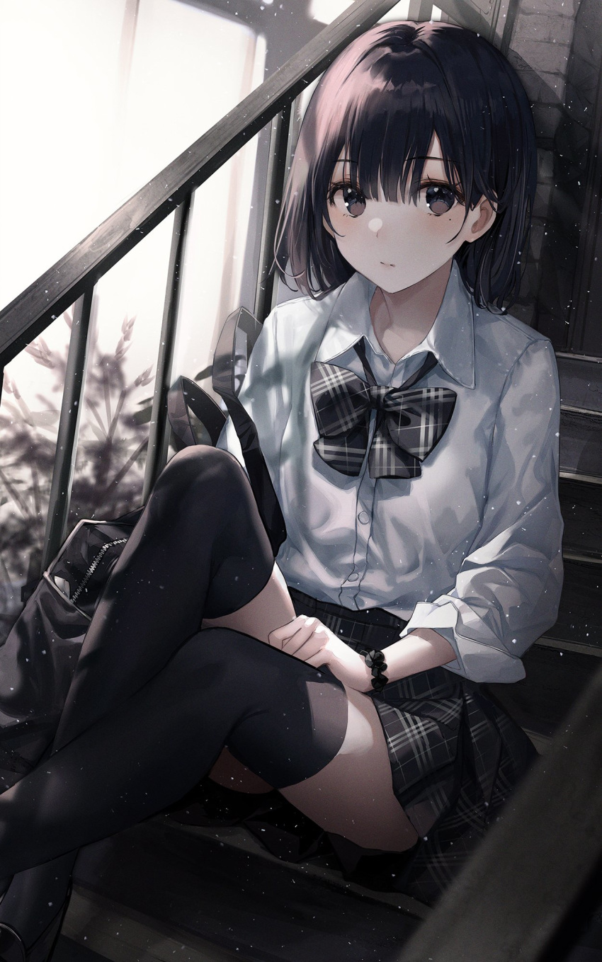 1girl bag black_hair black_legwear blush bow bowtie brown_eyes closed_mouth collar collared_shirt highres long_sleeves looking_at_viewer medium_hair original pantyhose plaid plaid_neckwear plaid_skirt pleated_skirt school_bag school_uniform shirt sitting sitting_on_stairs skirt solo stairs white_shirt yohaku