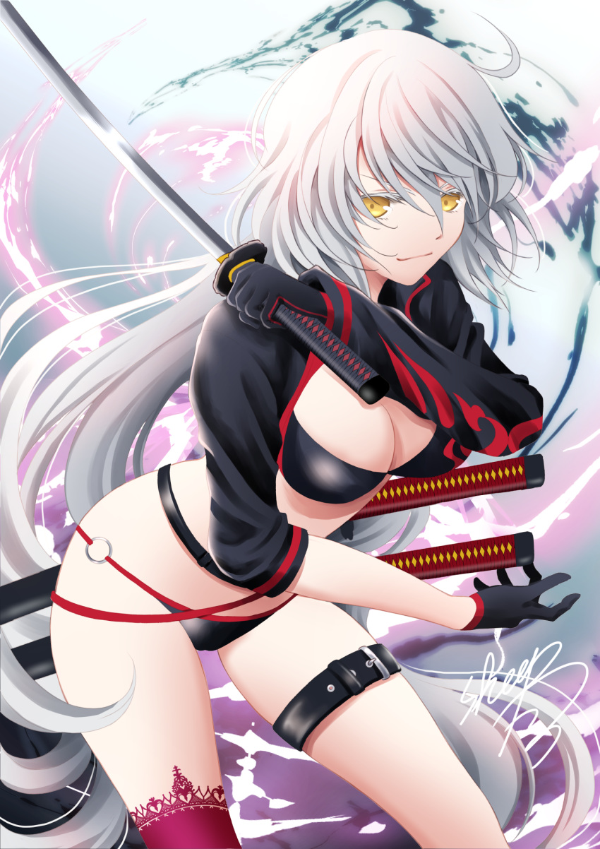 1girl artist_name asymmetrical_sleeves bangs black_gloves black_jacket breasts cleavage closed_mouth commentary fate/grand_order fate_(series) gloves highres holding holding_sword holding_weapon jacket jeanne_d'arc_(alter)_(fate) jeanne_d'arc_(fate)_(all) katana lace lace-trimmed_legwear leaning_forward long_hair long_sleeves looking_at_viewer medium_breasts o-ring o-ring_bikini purple_legwear sheepd shrug_(clothing) signature silver_hair single_thighhigh smirk solo standing sword thigh_strap thighhighs weapon yellow_eyes