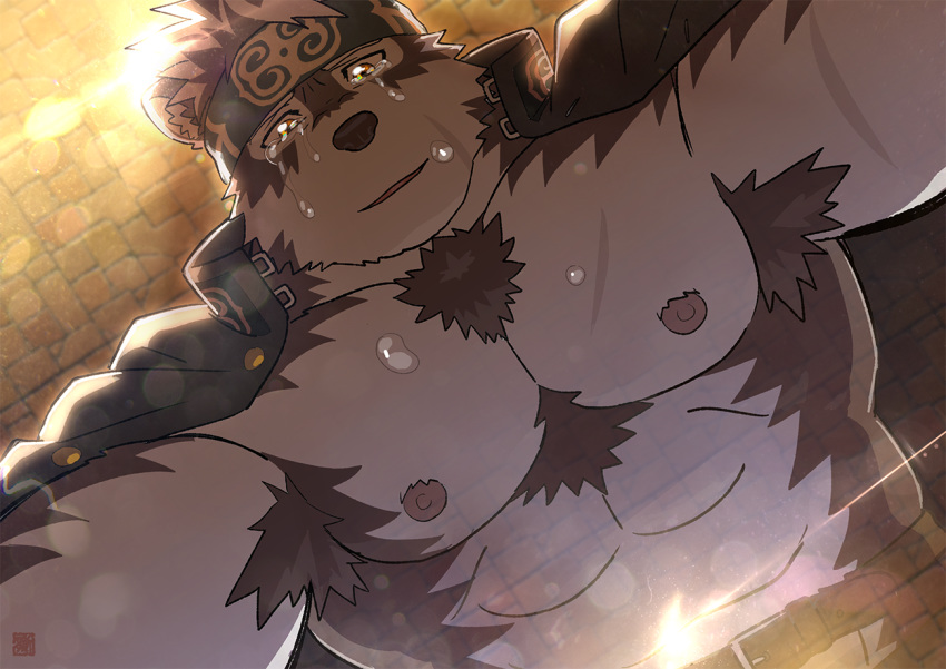 1boy abs animal_ears bara body_hair brown_fur bulge chest crying crying_with_eyes_open dog_boy dog_ears facial_hair furry grey_fur horkeu_kamui_(tokyo_houkago_summoners) male_focus manly muscle nipples pectorals pov revealing_clothes rossciaco shirtless short_hair solo tears tokyo_houkago_summoners two-tone_fur upper_body