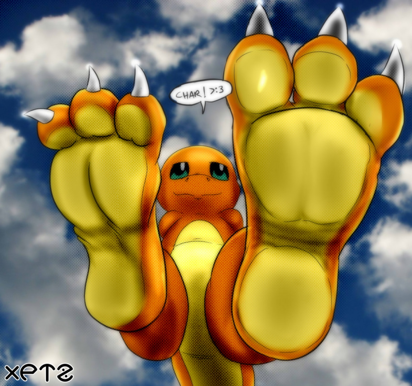 &gt;:3 3_toes alternate_version_at_source charmander claws cloud english_text first_person_view foot_fetish foot_focus green_eyes long_tail looking_at_viewer male multicolored_body nintendo orange_body paws pok&eacute;mon pok&eacute;mon_(species) reptile scalie semi-anthro sky smile solo speech_bubble text toe_claws toes video_games xptzstudios